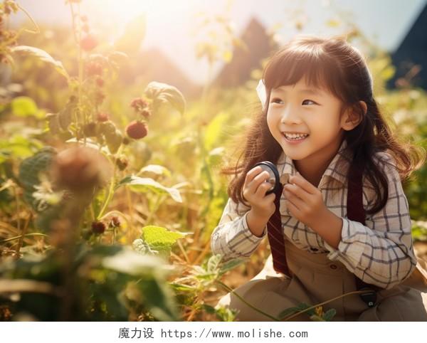 小女孩拿着放大镜儿童探索概念快乐幸福的未成年儿童小学生笑容嬉戏玩耍